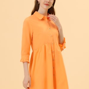 Casual Ruched 3/4 Sleeve Button Up Mini Shirt Dress Orange/L - Allegra K catalog
