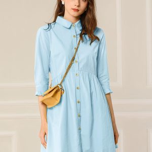 Ruched 3/4 Sleeve Button Up Casual Mini Shirt Dress Blue/XS - Allegra K catalog