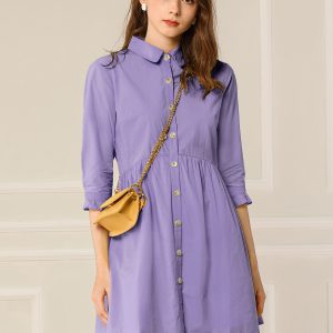 Ruched 3/4 Sleeve Button Up Casual Mini Shirt Dress Purple/S - Allegra K catalog