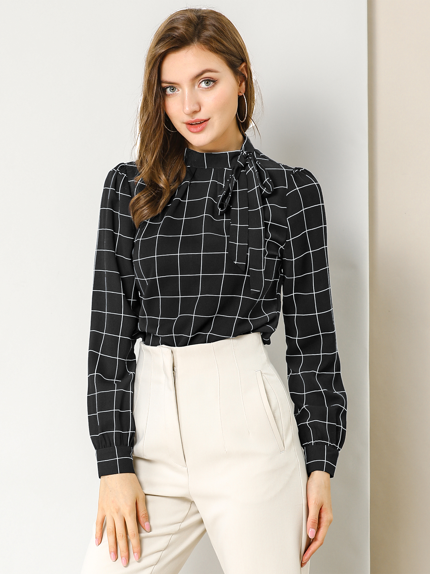 Bow Tie Neck Grid Checks Shirt Office Work Tops Blouse Black/M - Allegra K catalog