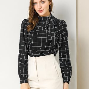 Bow Tie Neck Grid Checks Shirt Office Work Tops Blouse Black/L - Allegra K catalog