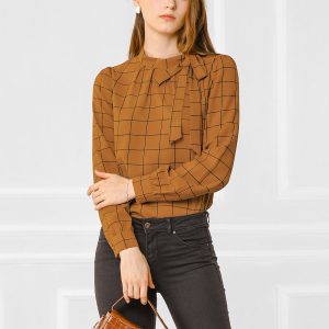 Bow Tie Neck Grid Checks Shirt Office Work Tops Blouse Brown/2XL - Allegra K catalog