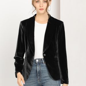 Shawl Collar Single Button Velvet Solid Office Work Jacket Blazer Black/S - Allegra K catalog