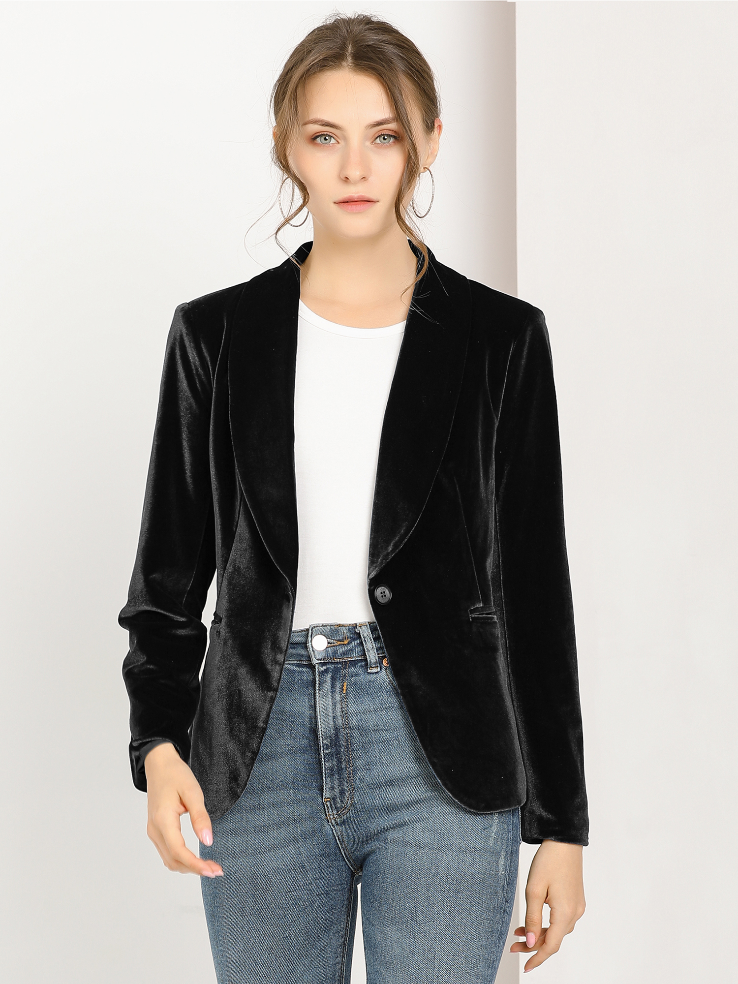 Shawl Collar Single Button Velvet Solid Office Work Jacket Blazer Black/XL - Allegra K catalog