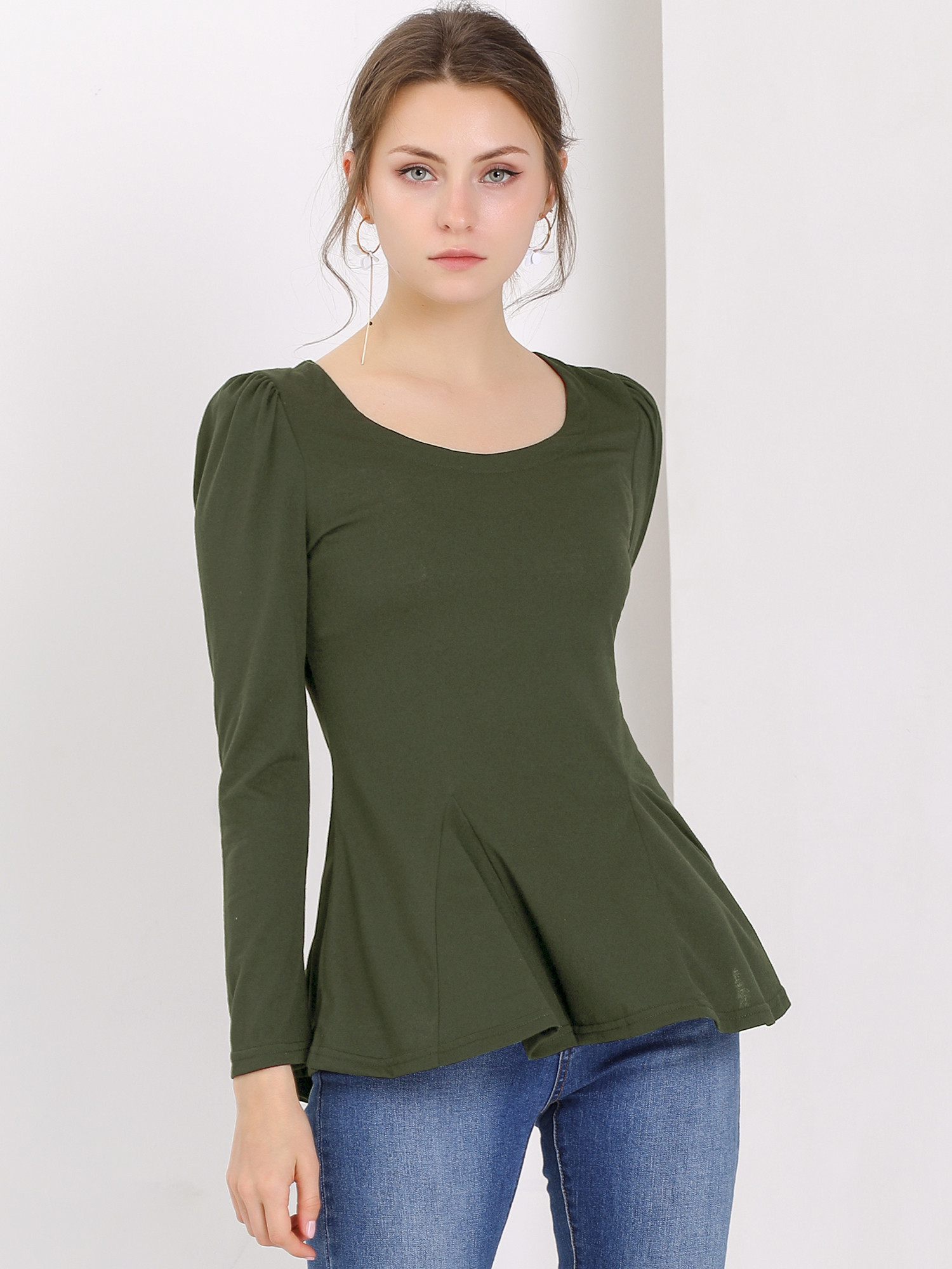 Long Sleeve Scoop Neck Casual Peplum Blouse Green/XL - Allegra K catalog