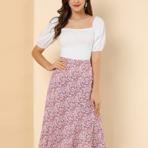 Floral Peasant Elastic Waist A-Line Ditsy Leave Midi Skirt Pink/XL - Allegra K catalog
