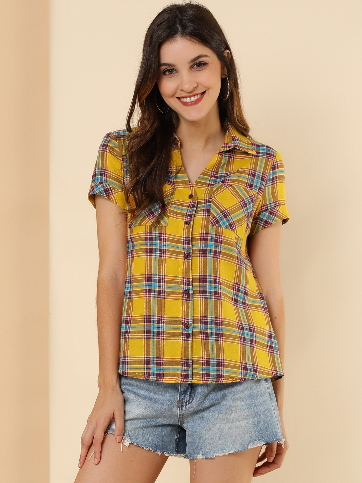 Classic Plaid Button Down Short Sleeve Shirt Yellow/M - Allegra K catalog
