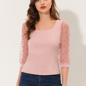 Retro Square Neck Tops Slim Fit Semi Sheer 3/4 Mesh Sleeve Top Pink/S - Allegra K catalog