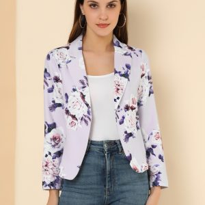 Open Front Floral Work Business Crop Blazer Jacket Purple-Floral/S - Allegra K catalog