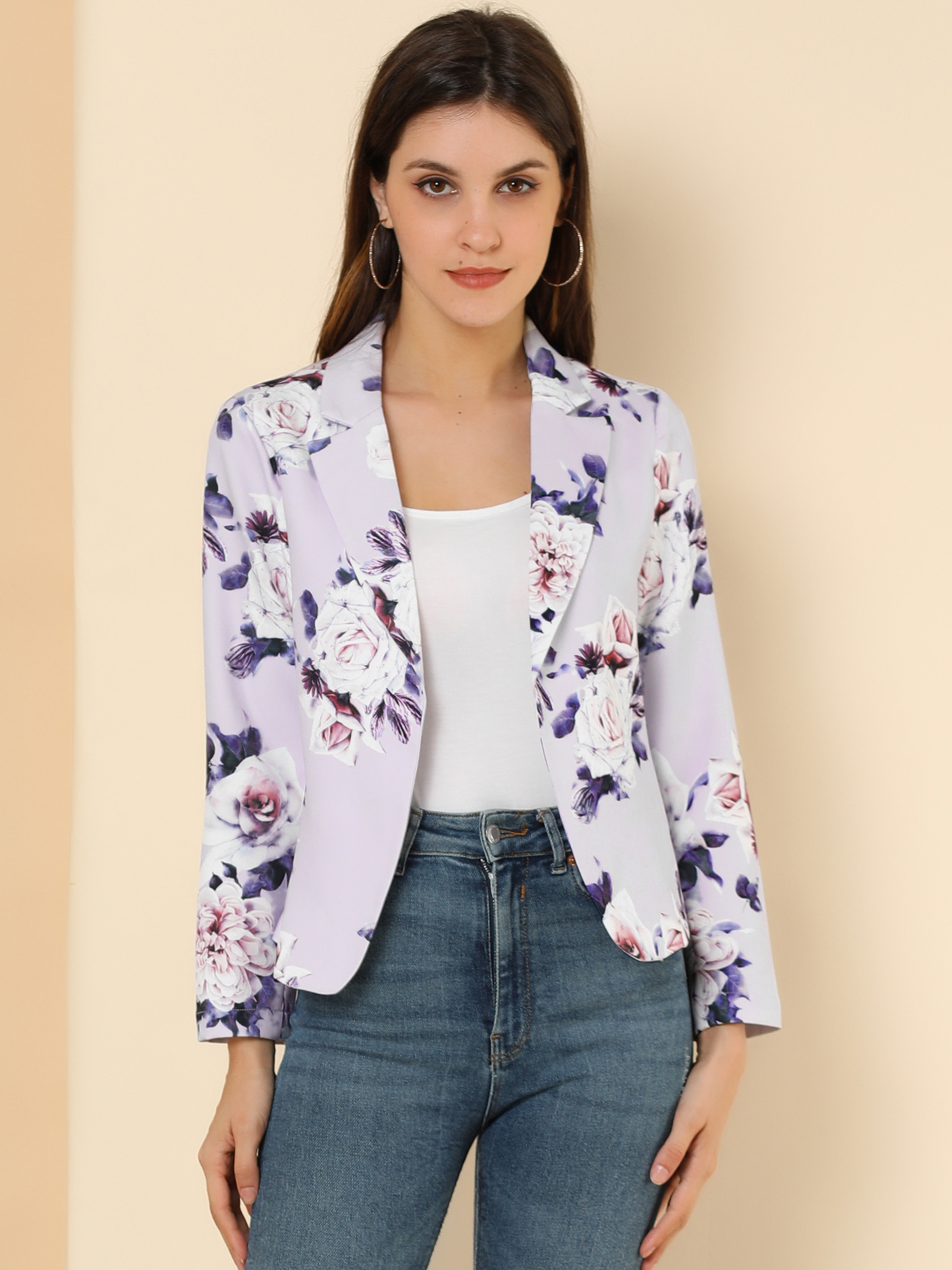 Open Front Floral Work Business Crop Blazer Jacket Purple-Floral/L - Allegra K catalog