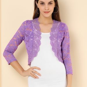 Lace 3/4 Sleeves Sheer Floral Cropped Bolero Shrug Purple/XS - Allegra K catalog