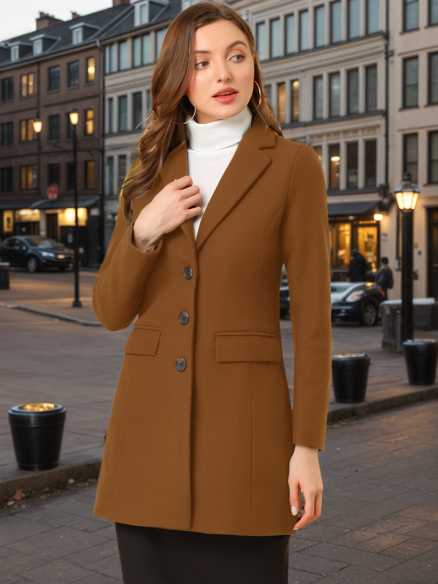 Notched Lapel Single Breasted Outwear Winter Pea Coat Dark Brown/M - Allegra K catalog