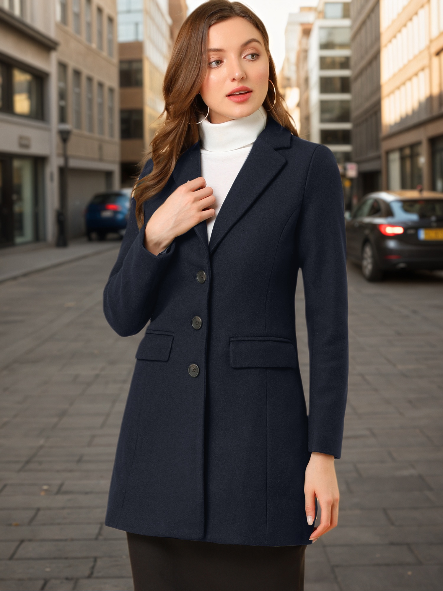 Notched Lapel Single Breasted Outwear Winter Pea Coat Dark Blue/XL - Allegra K catalog