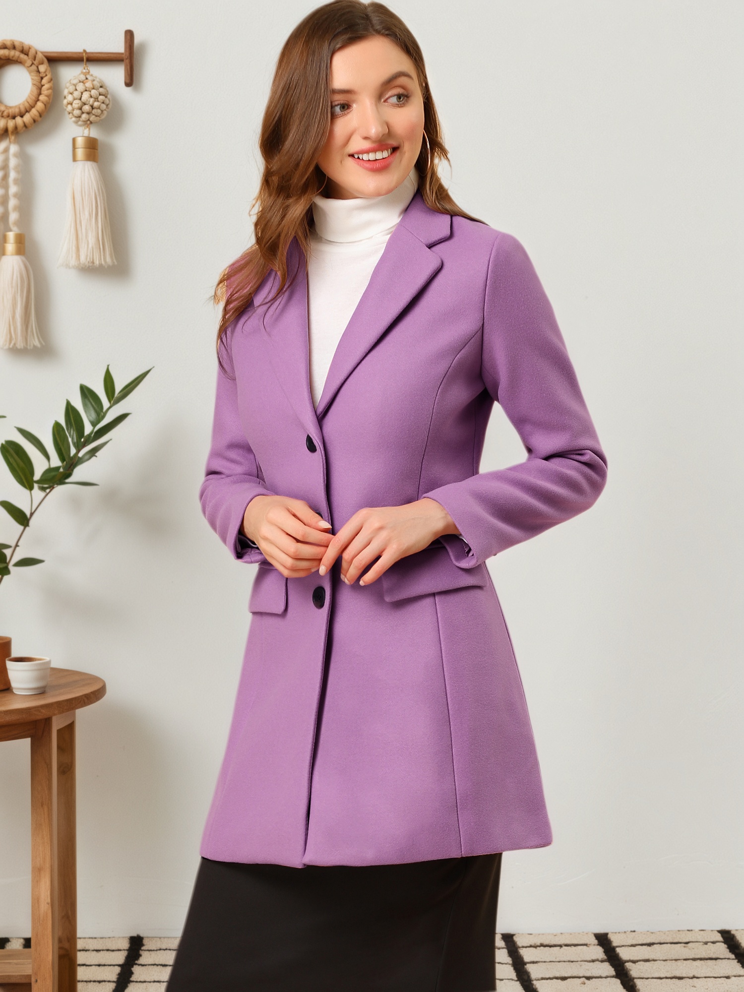 Notched Lapel Single Breasted Outwear Winter Pea Coat Light Purple/XS - Allegra K catalog