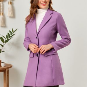 Notched Lapel Single Breasted Outwear Winter Pea Coat Light Purple/S - Allegra K catalog