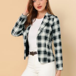 Business Casual Open Front Notch Lapel Plaid Suit Blazer Black-Plaid/XS - Allegra K catalog