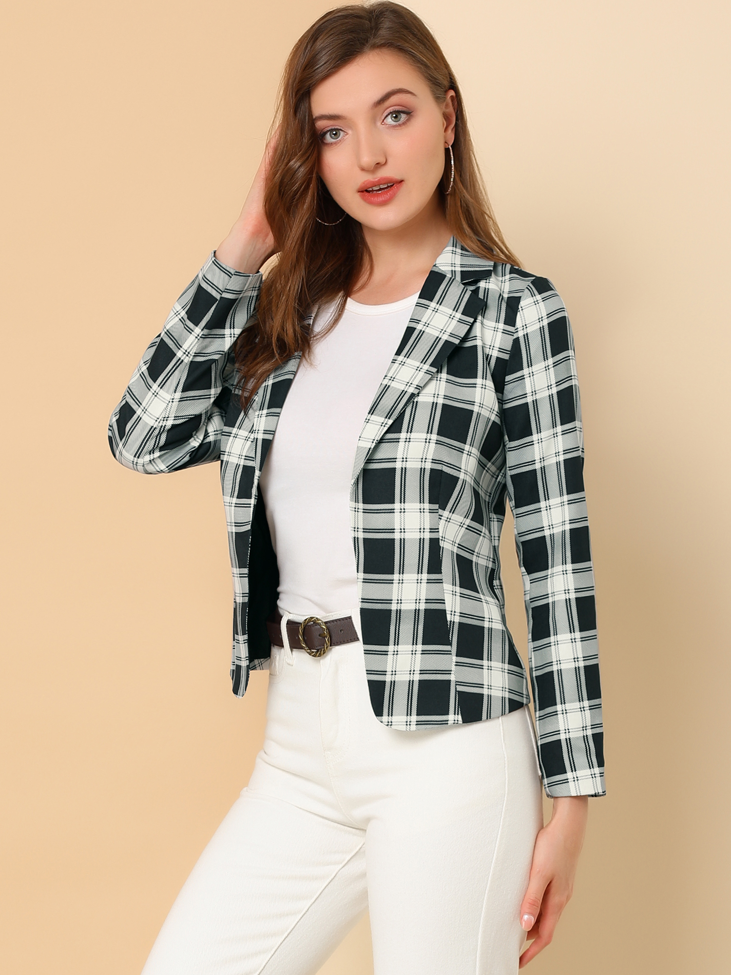 Business Casual Open Front Notch Lapel Plaid Suit Blazer Black-Plaid/XS - Allegra K catalog