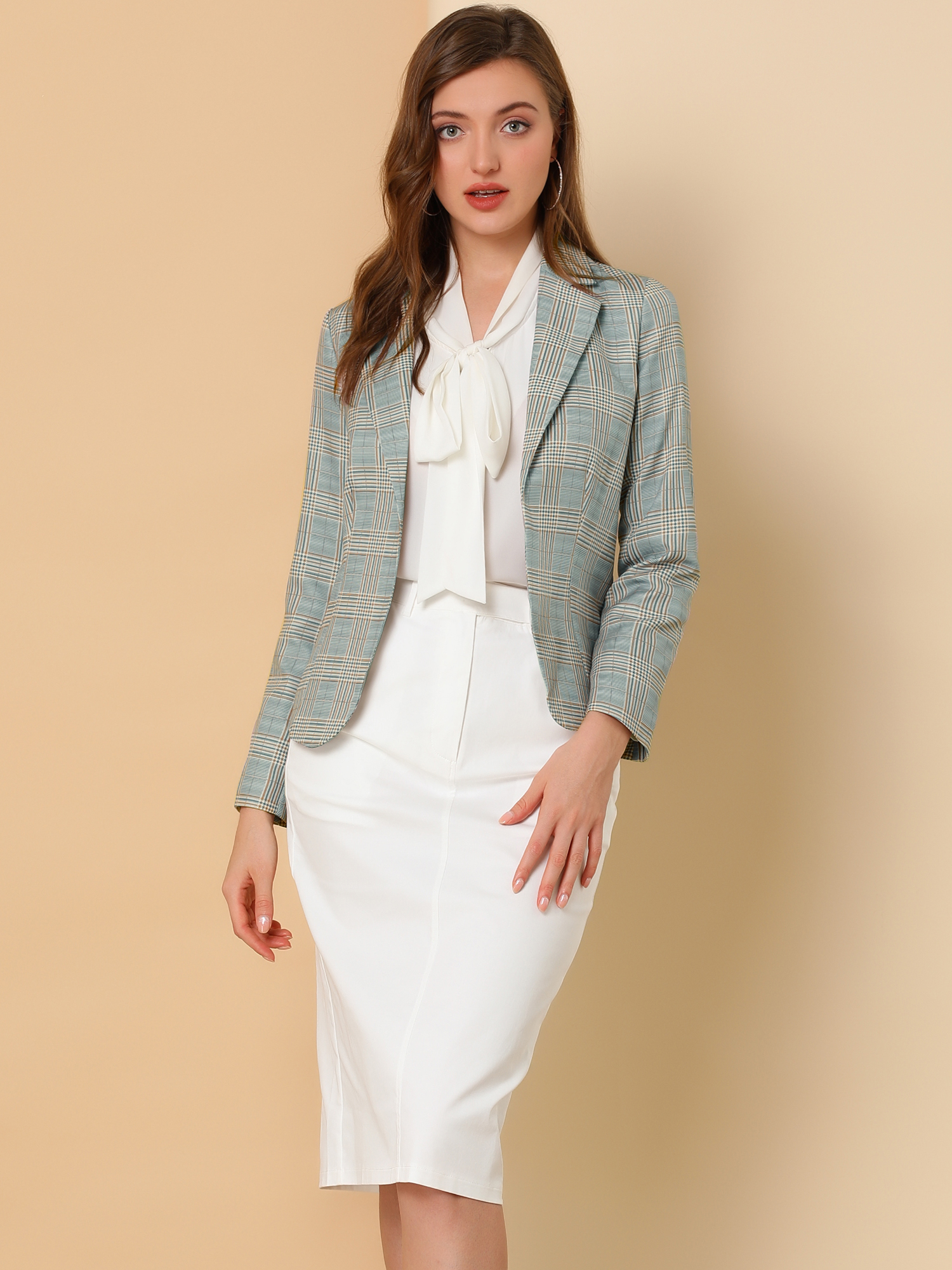 Business Casual Open Front Notch Lapel Plaid Suit Blazer Gray-Plaid/XS - Allegra K catalog
