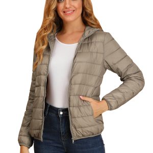 Hooded Packable Long Sleeve Zip Up Down Winter Lightweight Jacket Khaki/L - Allegra K catalog
