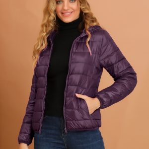 Hooded Packable Long Sleeve Zip Up Down Winter Lightweight Jacket Purple/S - Allegra K catalog
