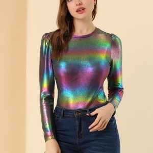 Long Sleeve Sparkly Party Glitter Shiny Metallic Blouse Multicolor/S - Allegra K catalog