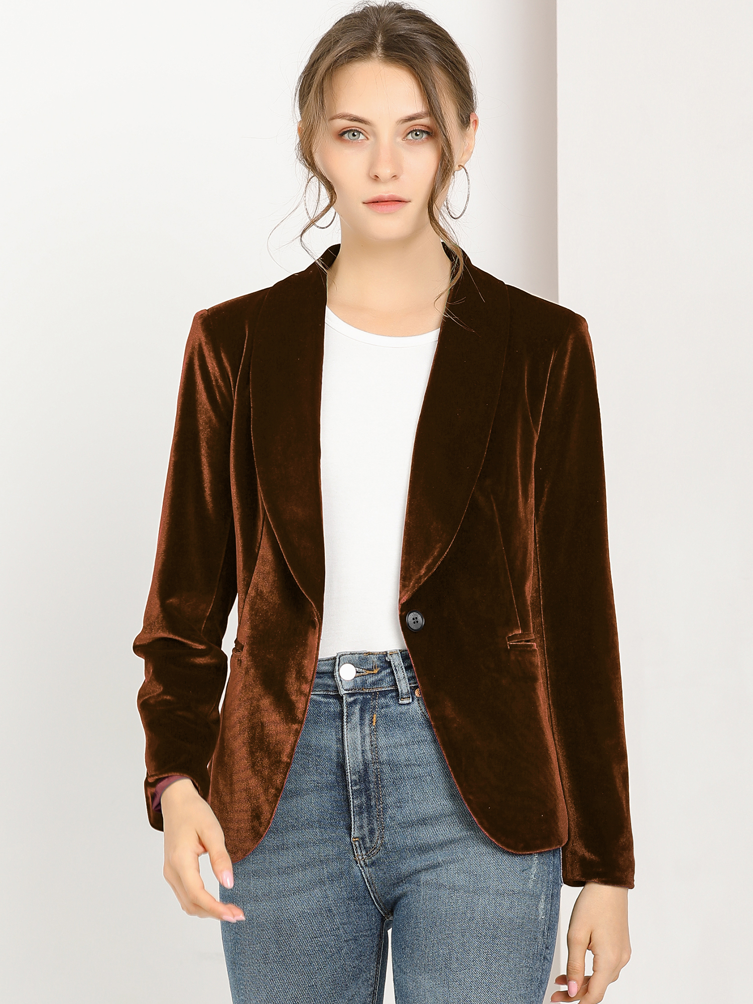 Shawl Collar Single Button Velvet Solid Office Work Jacket Blazer Brown/XS - Allegra K catalog