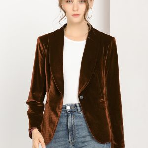 Shawl Collar Single Button Velvet Solid Office Work Jacket Blazer Brown/L - Allegra K catalog
