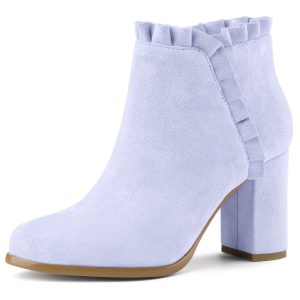Pointed Toe Ruffle Block Heel Side Zipper Ankle Boots Purple/6 - Allegra K catalog
