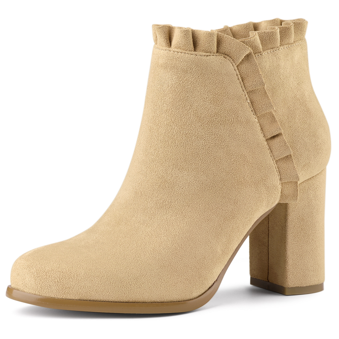 Pointed Toe Ruffle Block Heel Side Zipper Ankle Boots Khaki/8 - Allegra K catalog