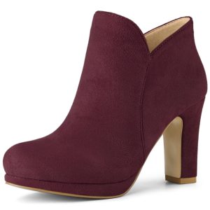 Round Toe Chunky Heel Ankle Heel Boots Burgundy/7 - Allegra K catalog