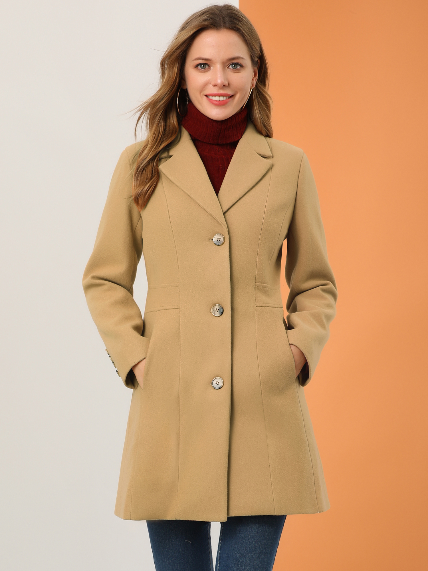 Single Breasted Notched Lapel Outerwear Winter Coats Khaki/S - Allegra K catalog