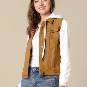 Casual Layered Drawstring Pockets Hood Denim Jacket Tan/S - Allegra K catalog