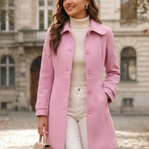 Peter Pan Collar Single Breasted Winter Outwear Buttoned Long Coat Charm Pink/M - Allegra K catalog