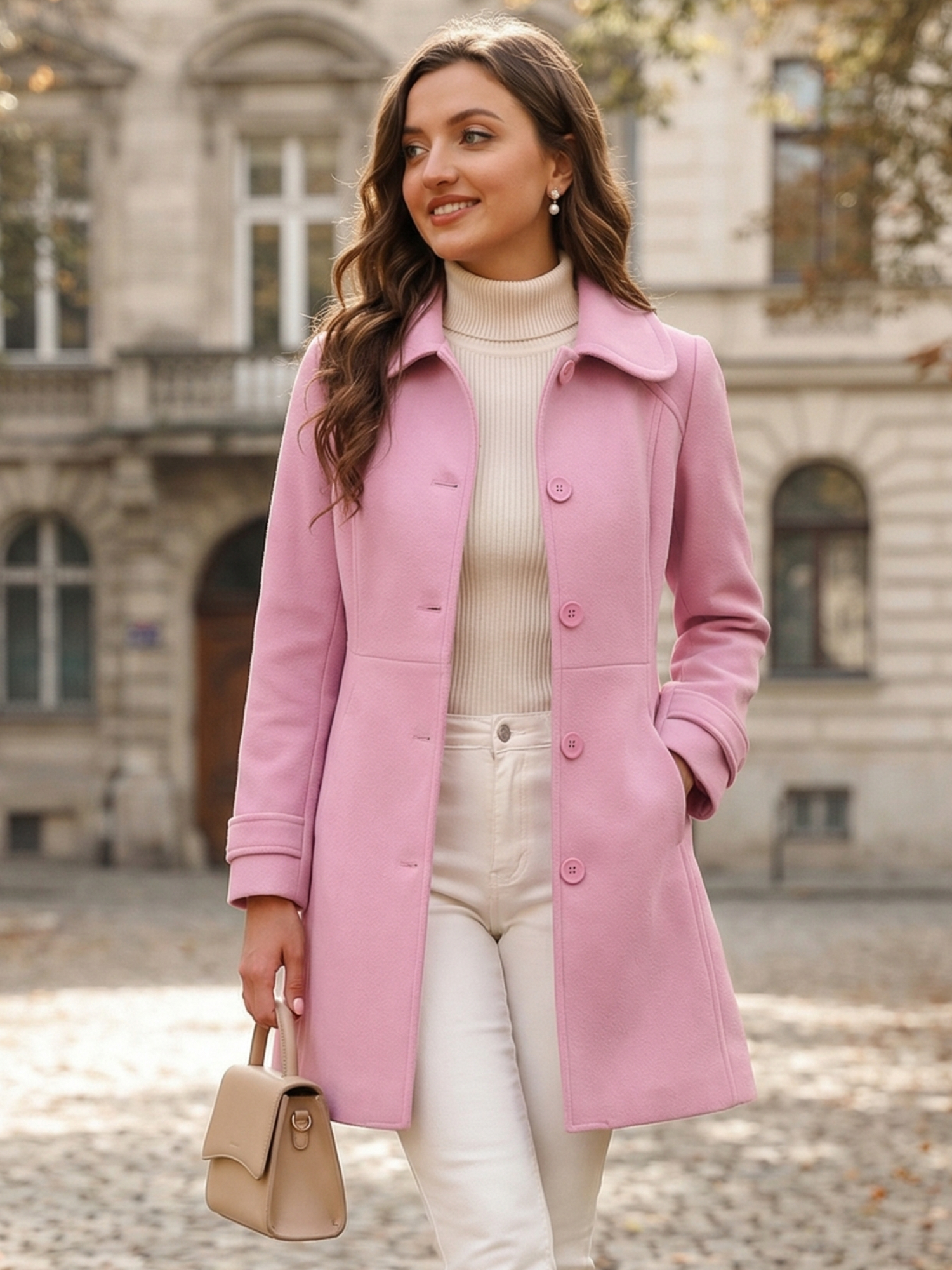Peter Pan Collar Single Breasted Winter Outwear Buttoned Long Coat Charm Pink/XL - Allegra K catalog
