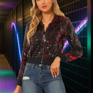 Sequin Long Sleeve Zipper Up Collarless Glitter Bomber Jacket Red/XS - Allegra K catalog