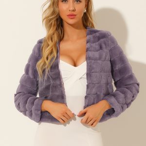 Winter Warm Cropped Collarless Faux Fur Fluffy Jacket Light Purple/XL - Allegra K catalog