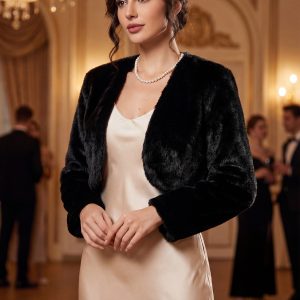 Faux Fur Evening Open Front Bolero Cropped Jacket Shrug Black/M - Allegra K catalog