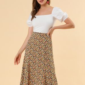 Floral Peasant Elastic Waist A-Line Ditsy Leave Midi Skirt Brown Orange/L - Allegra K catalog