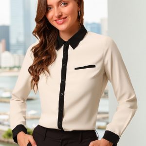 Contrast Collar Shirt Chiffon Long Sleeve Work Office Blouse Beige/XL - Allegra K catalog