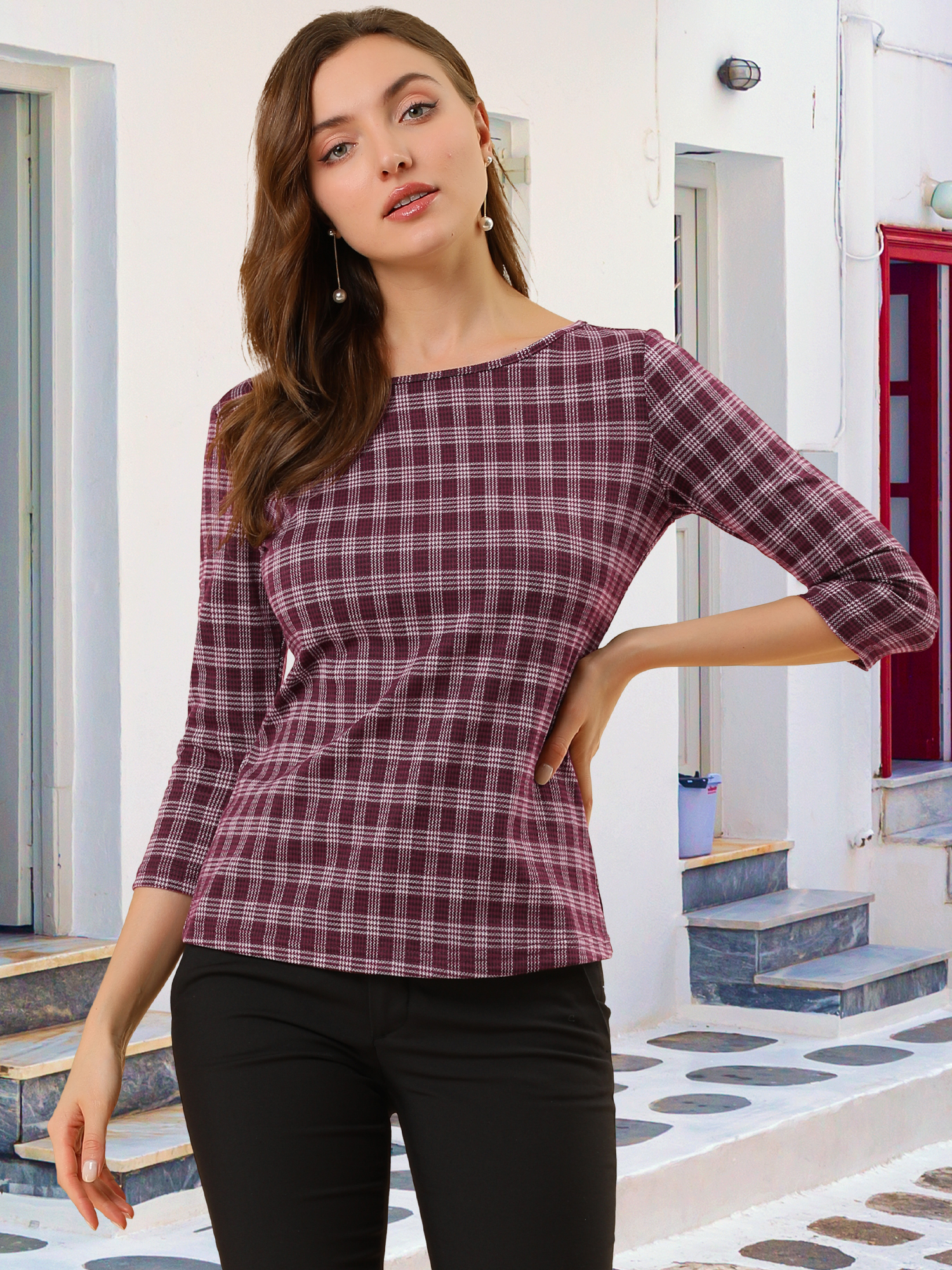 Work Office 3/4 Sleeve Boat Neck Houndstooth Printed Top Blouse Burgundy/S - Allegra K catalog