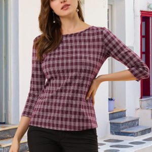 Work Office 3/4 Sleeve Boat Neck Houndstooth Printed Top Blouse Burgundy/M - Allegra K catalog