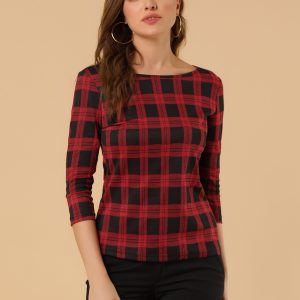 Work Office 3/4 Sleeve Boat Neck Houndstooth Printed Top Blouse Red/XS - Allegra K catalog