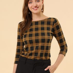Work Office 3/4 Sleeve Boat Neck Houndstooth Printed Top Blouse Yellow/XS - Allegra K catalog