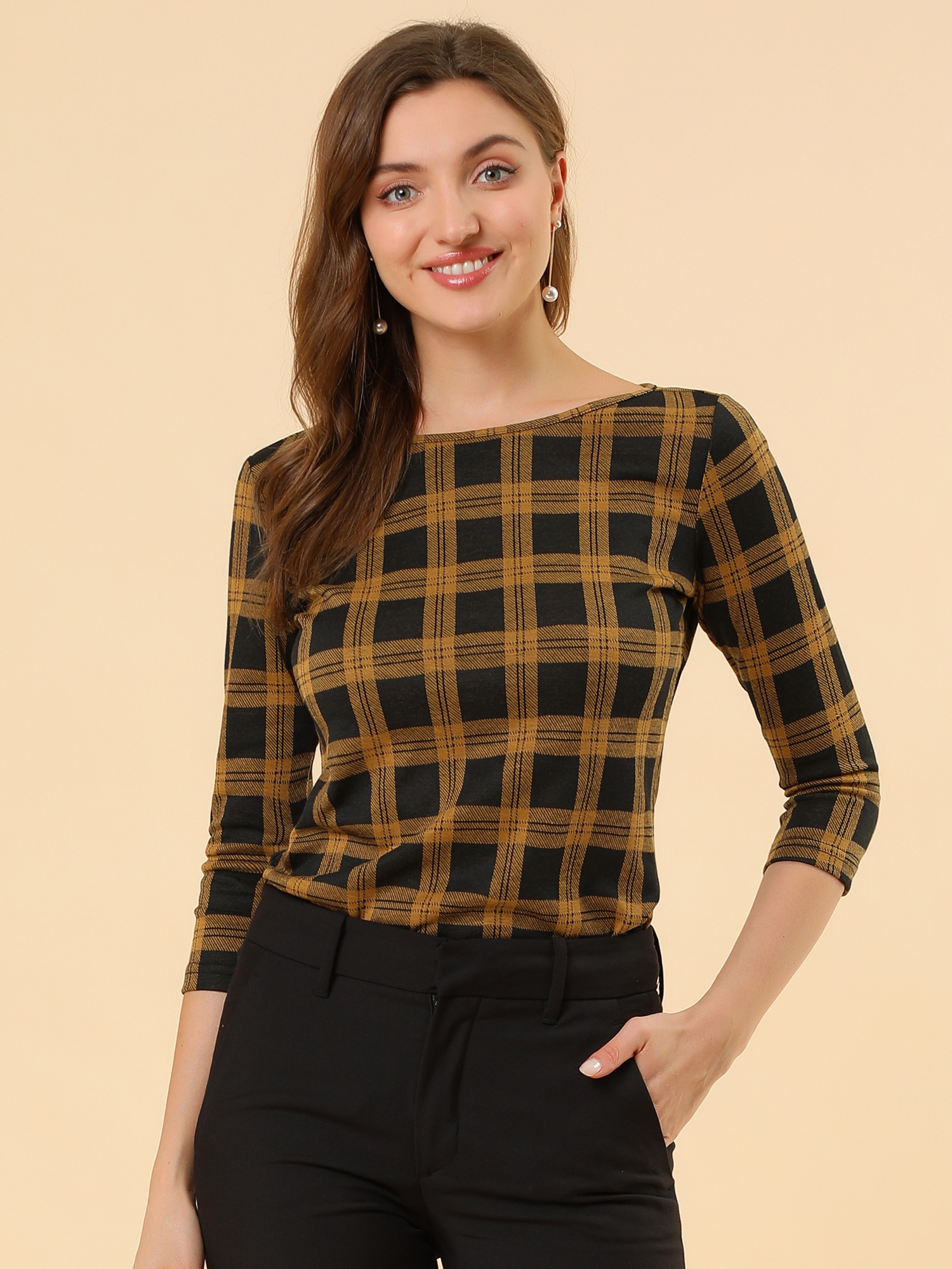 Work Office 3/4 Sleeve Boat Neck Houndstooth Printed Top Blouse Yellow/L - Allegra K catalog