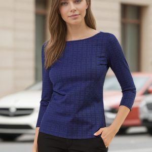 Work Office 3/4 Sleeve Boat Neck Houndstooth Printed Top Blouse Deep Blue/XS - Allegra K catalog