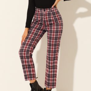 Plaid Cropped Trousers Button Casual Tartan Check Work Pants Red/XS - Allegra K catalog