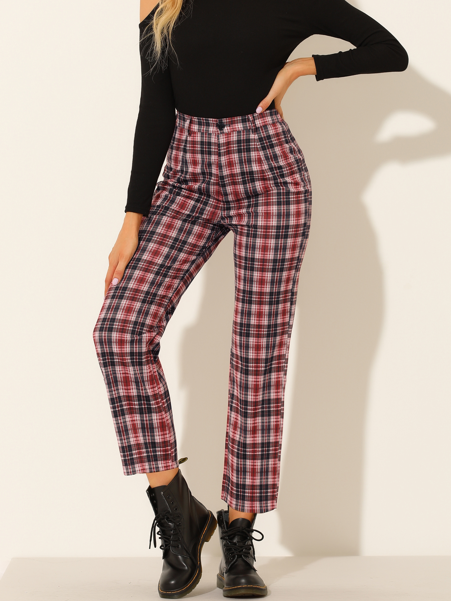 Plaid Cropped Trousers Button Casual Tartan Check Work Pants Red/XL - Allegra K catalog