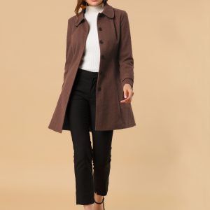 Peter Pan Collar Single Breasted Overcoat Winter Pea Coat Deep Brown/M - Allegra K catalog