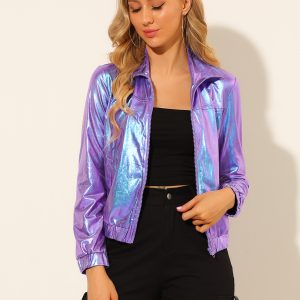 Holographic Long Sleeve Lightweight Zipper Metallic Jacket Blue Purple/L - Allegra K catalog