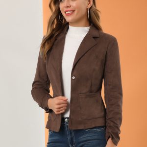 Long Sleeve Casual Open Front Drawstring Faux Suede Blazer Brown/XL - Allegra K catalog